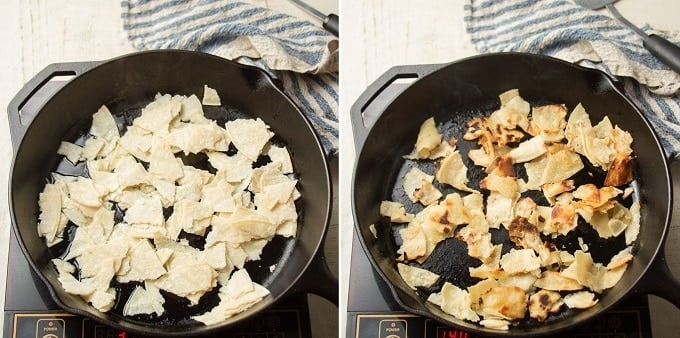 Collage Showing Two Stages of Frying Tortilla Strips for Vegan Migas