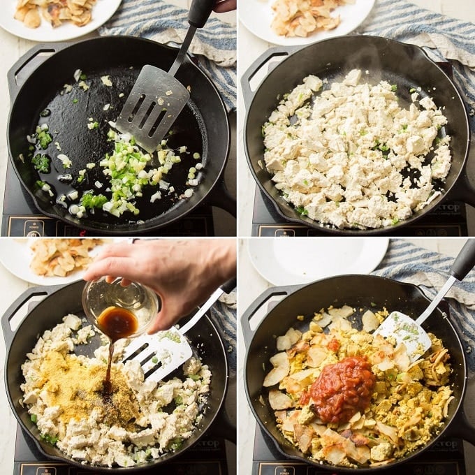 Collage Showing 4 Steps of Making Vegan Migas: Fry Aromatics, Add Tofu, Add Seasonings, and Add Tortillas and Salsa