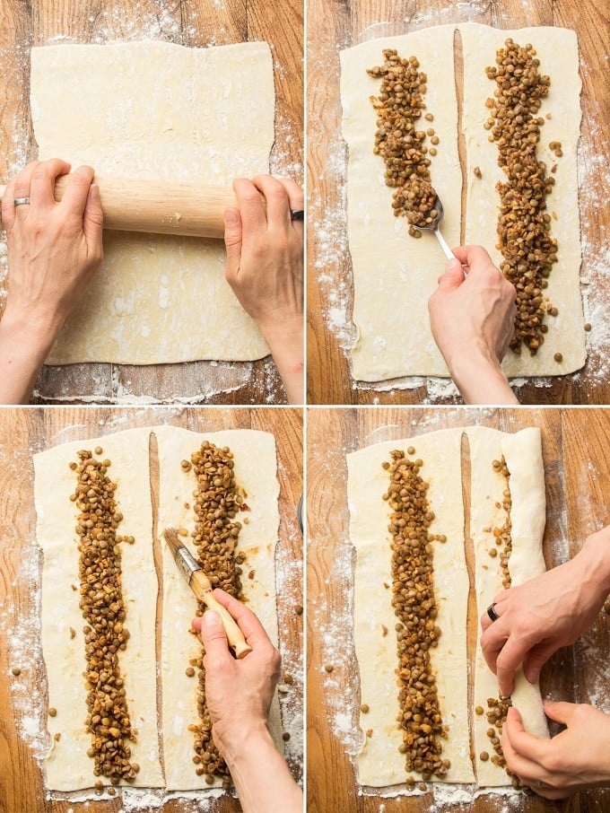 Collage Showing First Four Steps for Making Vegan Sausage Rolls: Roll Puff Pastry, Add Filling, Moisten Edge, and Roll