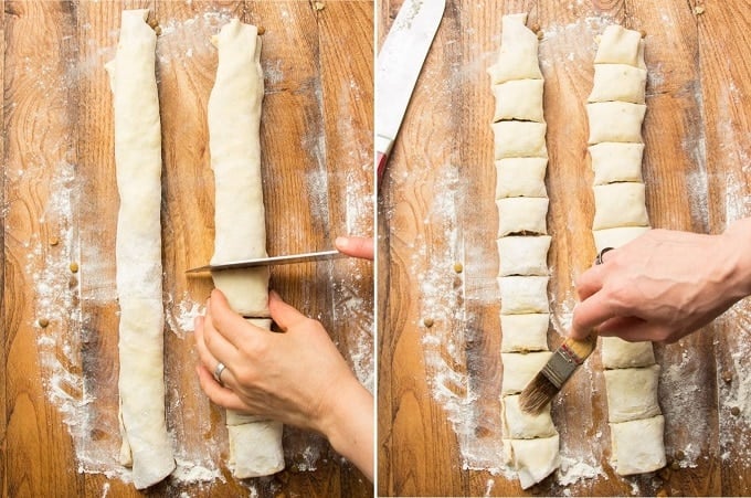 Two Images Showing Final Steps for Assembling Vegan Sausage Rolls: Slice and Brush with Non-Dairy Milk