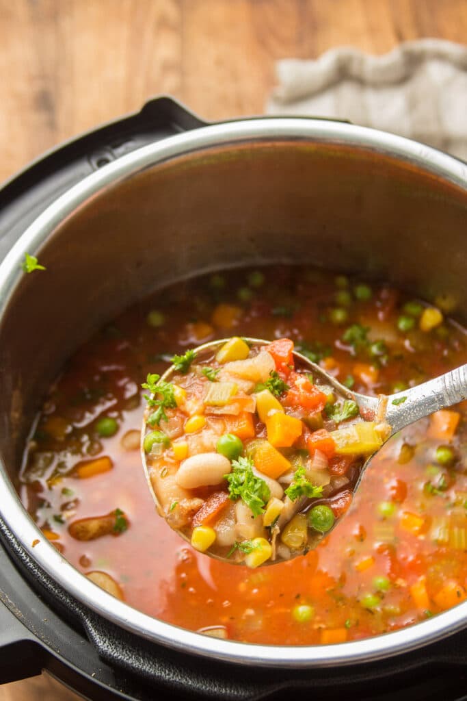 Ladle Drawing Vegetable Soup From an Instant Pot
