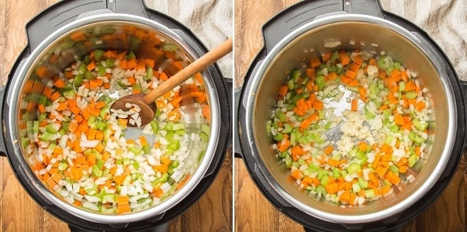 Photos of First Two Steps for Making Instant Pot Vegetable Soup: Sweat Veggies and Add Garlic
