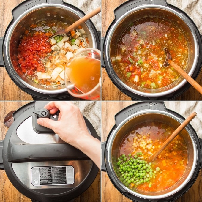 Photos Showing Last 4 Steps for Making Instant Pot Vegetable Soup: Add Broth and Veggies, Stir in Spices, Pressure Cook, and Add Peas and Beans
