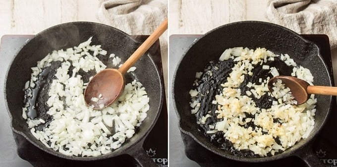 Images Showing Two Stages of Onions Cooking in a Skillet