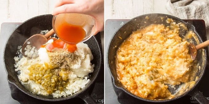 Images Showing Two Stages of Mashed Potato Enchilada Filling Cooking in a Skillet