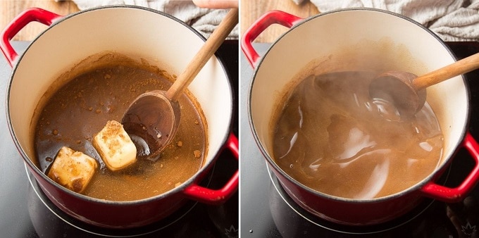 Two Images Showing First Steps for Making Vegan Candied Yams: Combine Sauce Ingredients in a Pot and Simmer