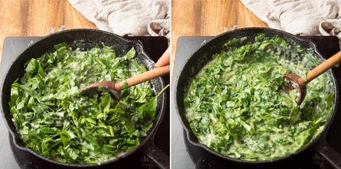 Side By Side Images Showing 2 Stages of Vegan Creamed Spinach Simmering in a Skillet