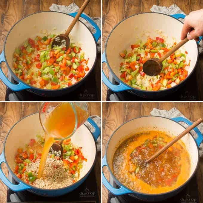 Collage Showing First Four Steps for Making Vegan Stuffed Pepper Soup: Sweat Veggies, Add Garlic, Add Rice and Broth, and Simmer