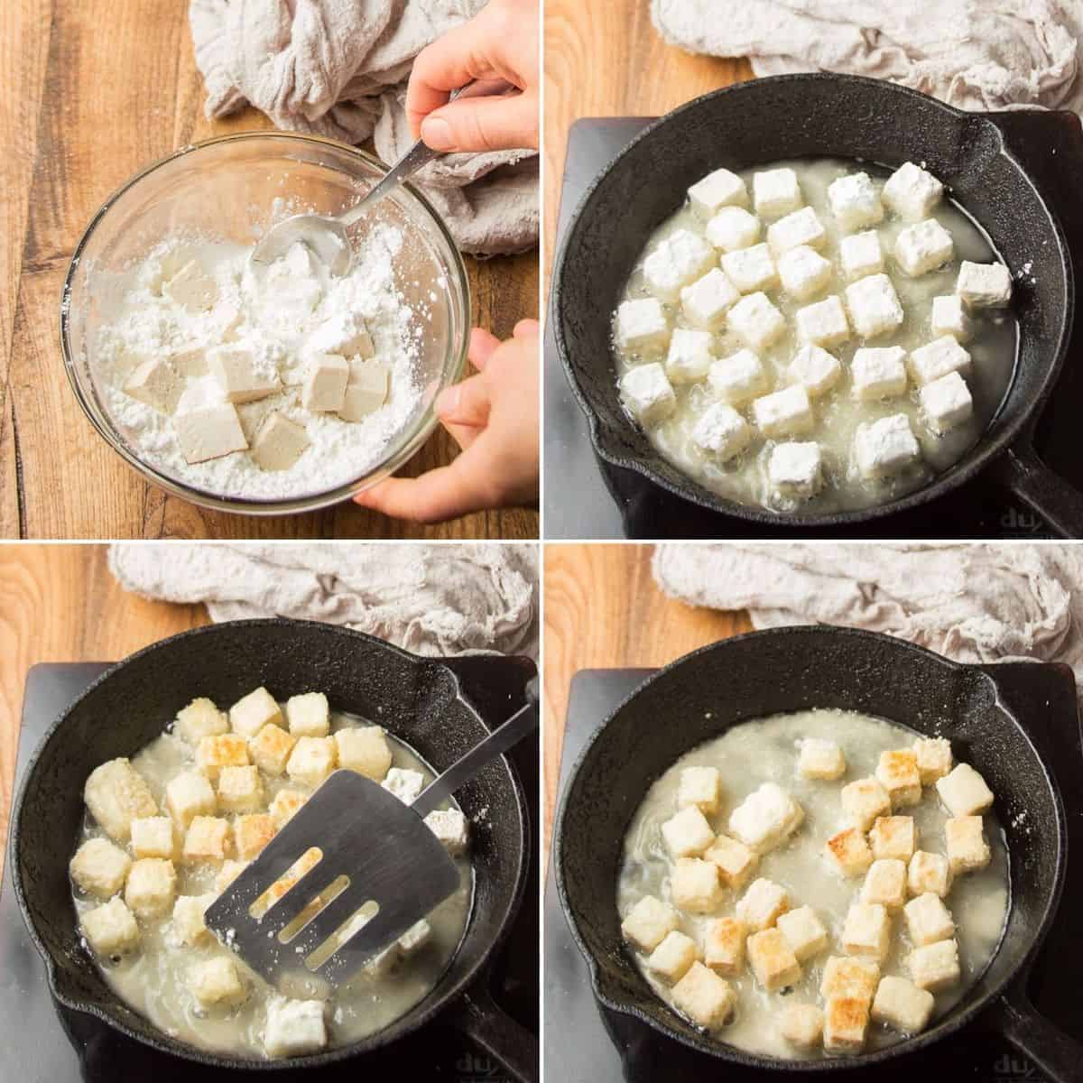 Four Images Showing Stages of Cooking Crispy Tofu