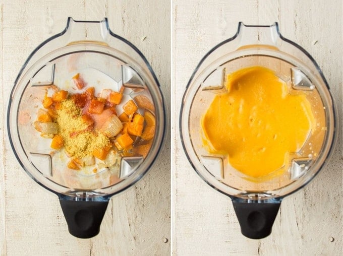 Two Images Showing Ingredients for Butternut Squash Sauce in a Blender Before and After Blending