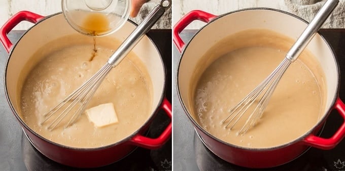Two Images Showing Last Steps for Making Vegan Butterscotch Pudding: Add Butter and Whiskey, and Let the Pudding Cool