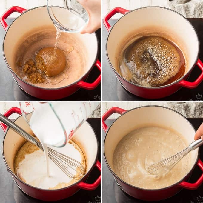Collage Showing First Four Steps for Making Vegan Butterscotch Pudding: Mix Brown Sugar and Water in Pot, Simmer, Add Non-Dairy Milk and Cornstarch, and Simmer Again