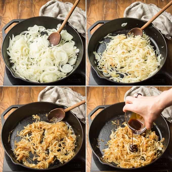 Collage Showing Four Stages of Caramelized Onions Cooking in a Skillet