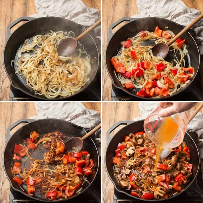 Collage Showing Four Steps of Cooking Vegan Mushroom Paprikash: Cook Onions, Add Peppers, Add Garlic and Spices, and Add Broth