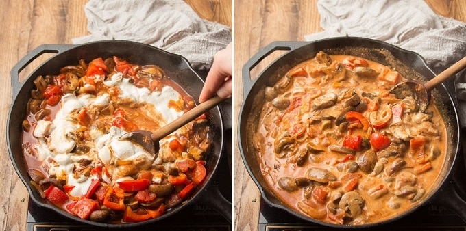 Two Images Showing Two Stages of Stirring Cashew Cream into a Skillet of Vegan Mushroom Paprikash