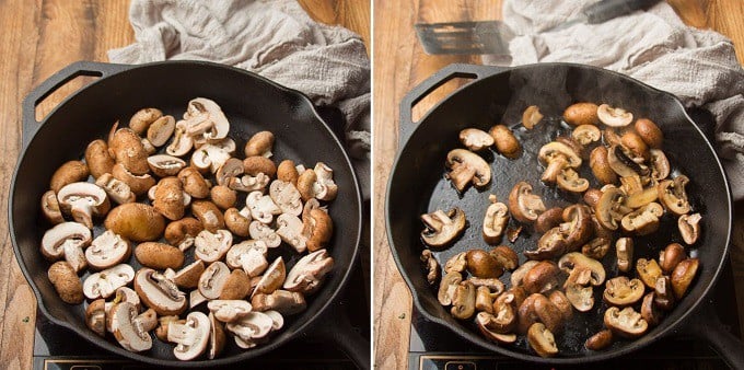Two Images Showing Two Stages of Mushrooms Cooking in a Skillet