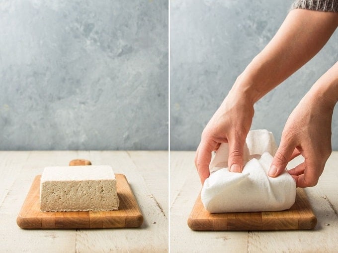Two Images Showing First Steps for Pressing Tofu with Objects: Take Tofu Out of Package and Wrap in Paper Towels