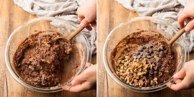 Two Images Showing Final Steps for Making Vegan Chocolate Banana Bread Batter: Mix Ingredients and Fold in Chips and Nuts