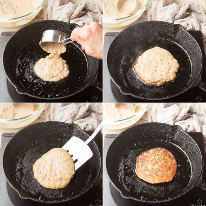 Collage Showing 4 Stages of Cooking Vegan Banana Pancakes
