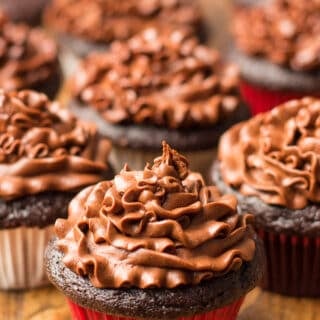 Many Vegan Chocolate Cupcakes with Chocolate Frosting on Top