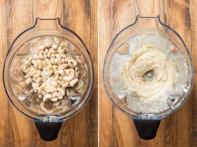 Collage Showing Ingredients for Making Vegan Cream Cheese in a Blender, Before and After Blending