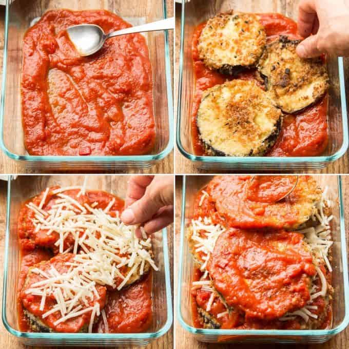 Collage Showing Steps for Assembling Vegan Eggplant Parmesan: Add Sauce To Dish, Add Eggplant, Top with Cheese and Layer with Additional Eggplant and Sauce