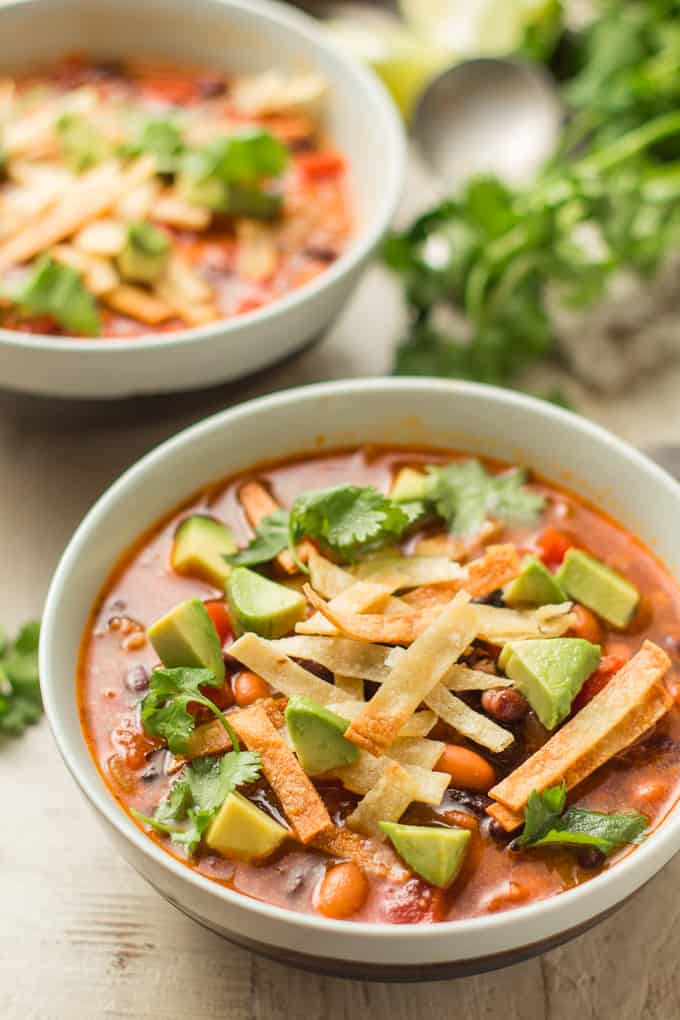 Close Up of a Bowl of Vegan Tortilla Soup with a Second Bowl and Bunch of Cilantro in the Background