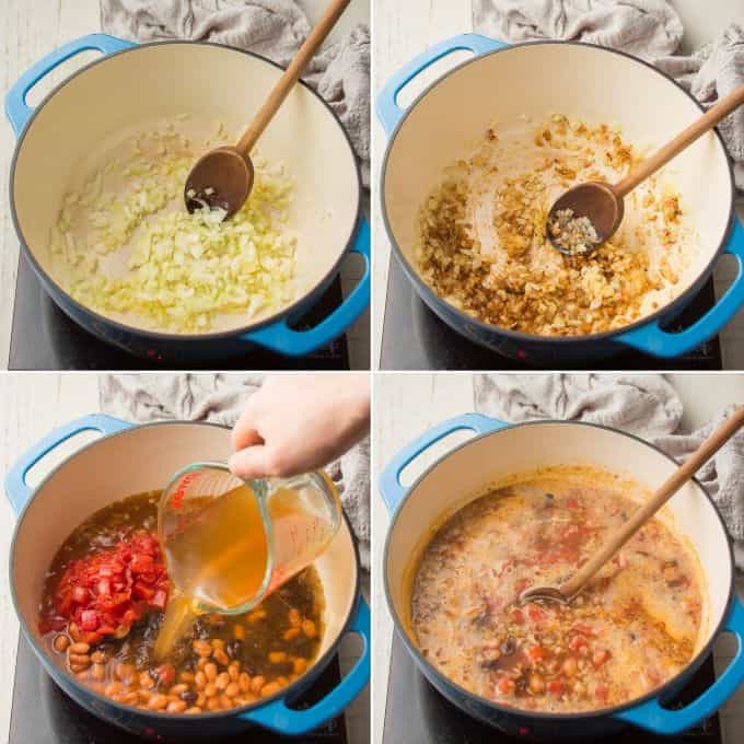 Collage Showing Steps for Making Vegan Tortilla Soup: Sweat Onions, Add Garlic, Jalapeno and Spices, Add Tomatoes, Broth, and Beans, and Simmer