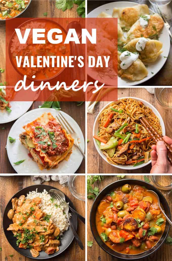 Collage of Six Vegan Valentine's Day Dinners with Text Overlay Reading "Vegan Valentine's Day Dinner Recipes"