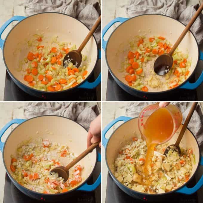 Collage Showing First Four Steps for Making Vegetable Stew: Sweat Veggies, Add Garlic, Stir in Flour, And Add Broth and More Veggies