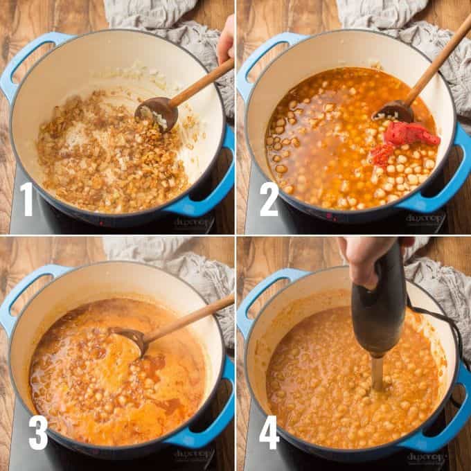 Collage Showing 4 Steps For Making Chickpea Soup: Cook Onions and Spices, Add Broth, Chickpeas and Tomato Paste, and Simmer