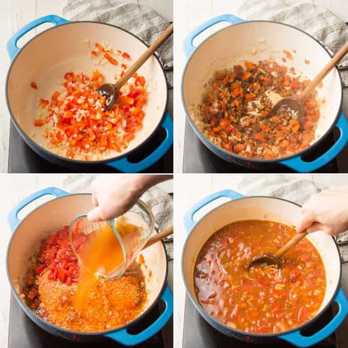 Collage Showing First 4 Stages of Red Lentil Chili Cooking in a Pot