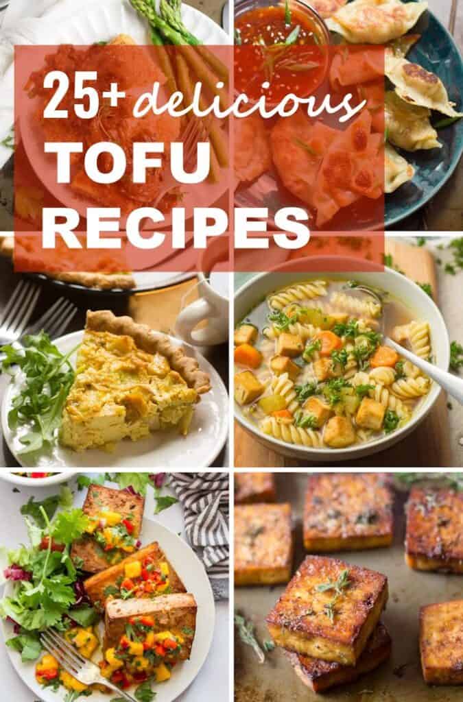 Collage of Tofu Recipes with Text Overlay Reading "25+ Delicious Tofu Recipes"