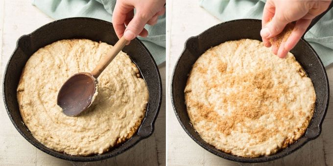 Last Two Steps for Making Vegan Cornbread: Spoon Batter into Skillet and Sprinkle with Brown Sugar