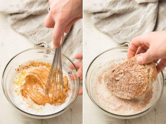 Two Stages of Preparing Vegan French Toast: Whisk Batter Together, and Dip Bread in Batter