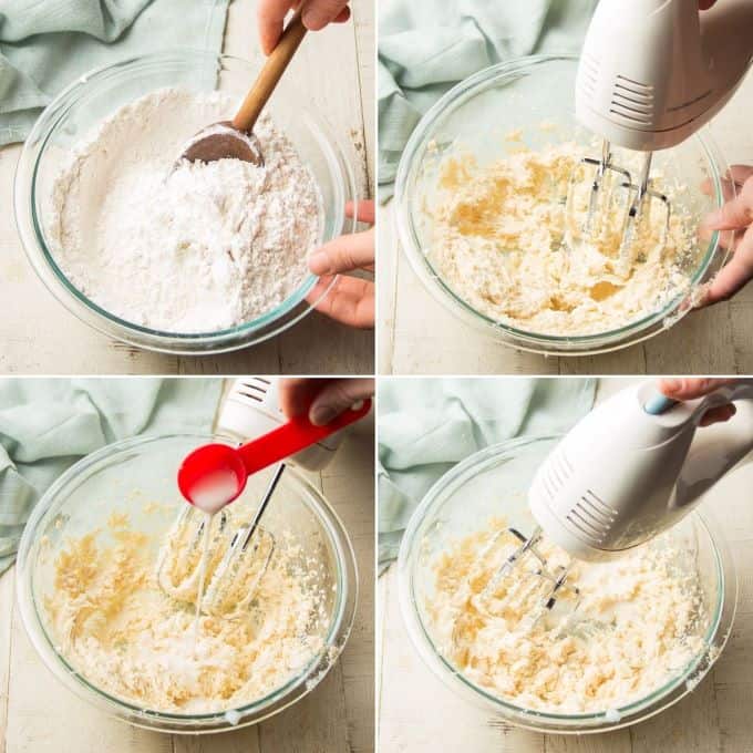 Collage Showing First 4 Steps for Making Vegan Sugar Cookie Dough: Mix Dry Ingredients, Beat Butter and Sugar, Add Milk, and Blend