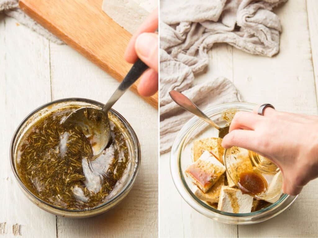 Two Images Showing: Tofu Marinade Being Mixed in a Bowl, and Tofu Marinade Being Poured Over Tofu