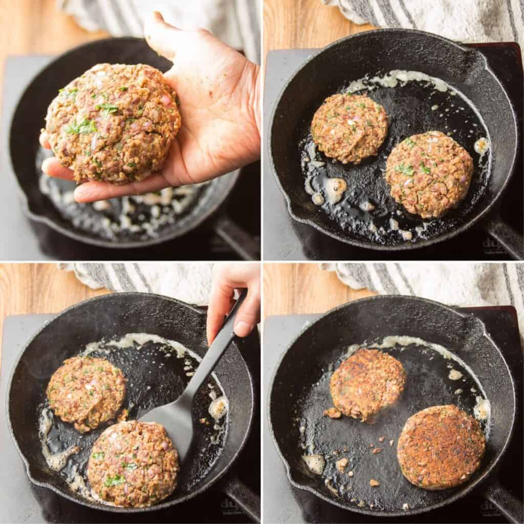 Collage Showing 4 Stages of Black Bean Burgers Cooking in a Skilet
