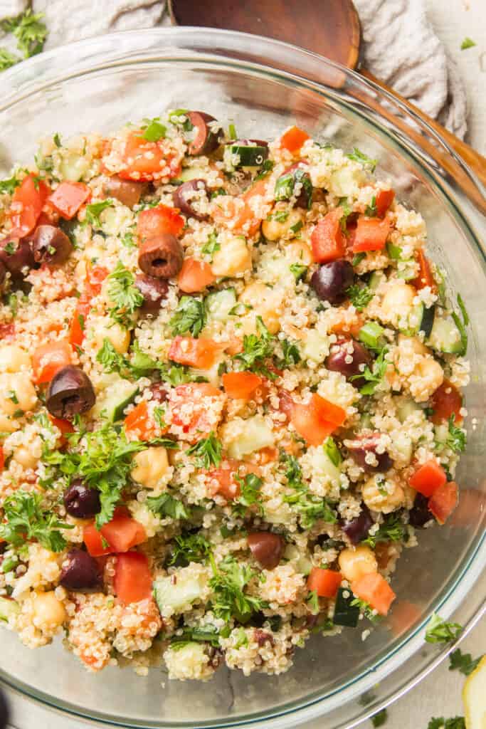 Close up of Mediterranean Quinoa Salad in a Glass Bowl