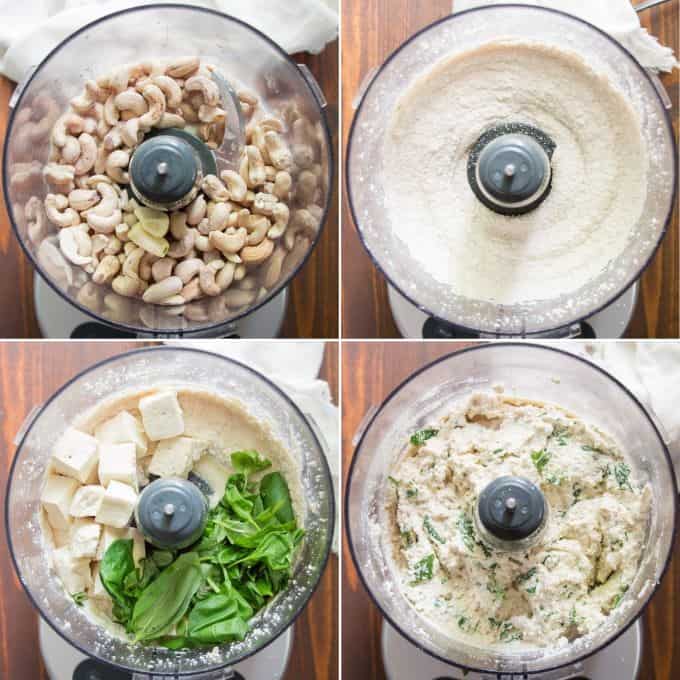 Collage Showing 4 Stages of Blending Vegan Ricotta Cheese in a Food Processor