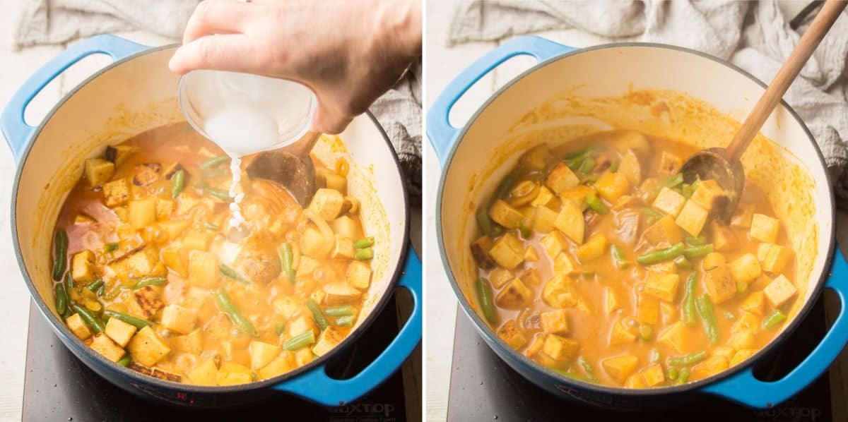 Collage Showing Last Two Steps for Making Yellow Curry: Add Cornstarch Slurry and Simmer