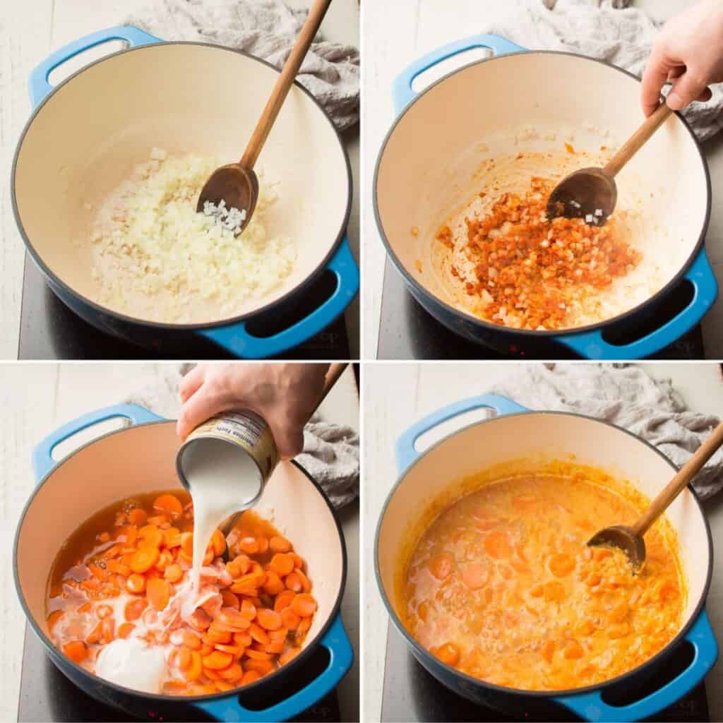 Collage muestra 4 etapas de cocinar sopa de zanahoria tailandesa