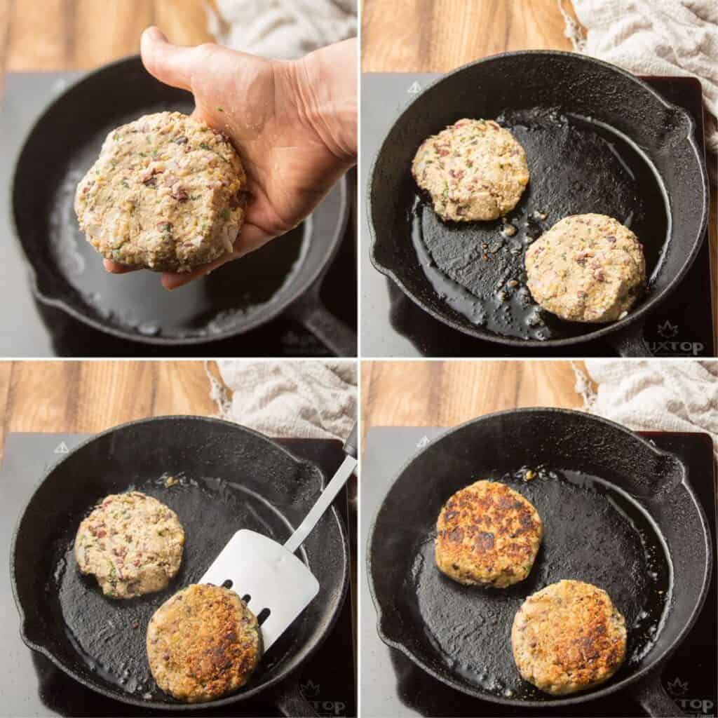 Collage Showing 4 Stages of Cooking Greek Chickpea Burger Patties