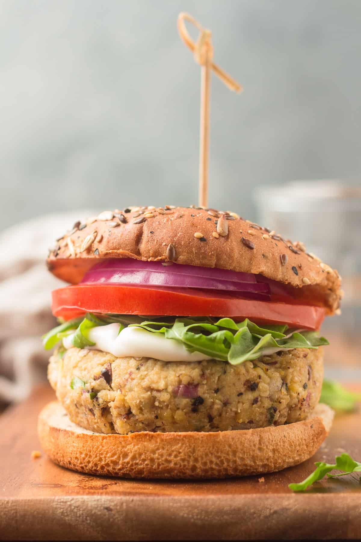 Greek Chickpea Burger with a Skewer Through It