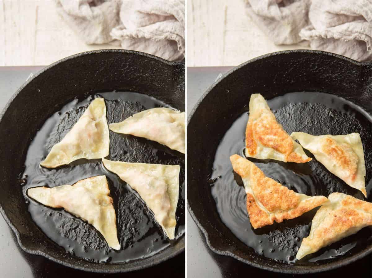 Collage Showing Two Stages of Tofu Dumplings Frying in a Skillet