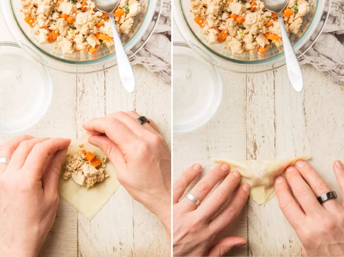 Collage Showing Last Two Stages of Making Tofu Dumplings: Fold and Seal