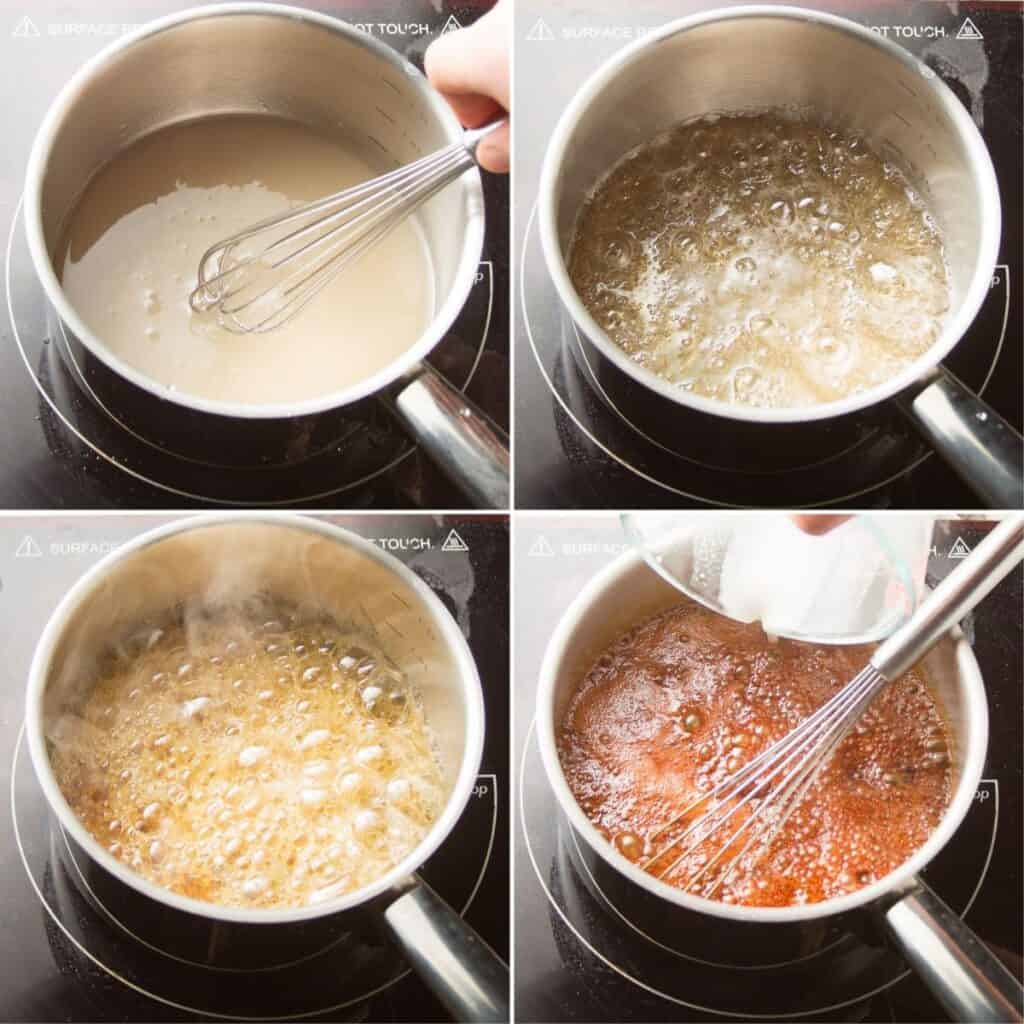 Collage Showing First 4 Steps for Making Vegan Caramel Sauce: Mix Sugar and Water, Simmer, Mixture Turns Amber, and Add Coconut Cream