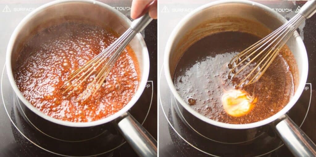 Collage Showing Last Two Steps for Making Vegan Caramel Sauce: Simmer, and Whisk in Butter, Vanilla and Salt