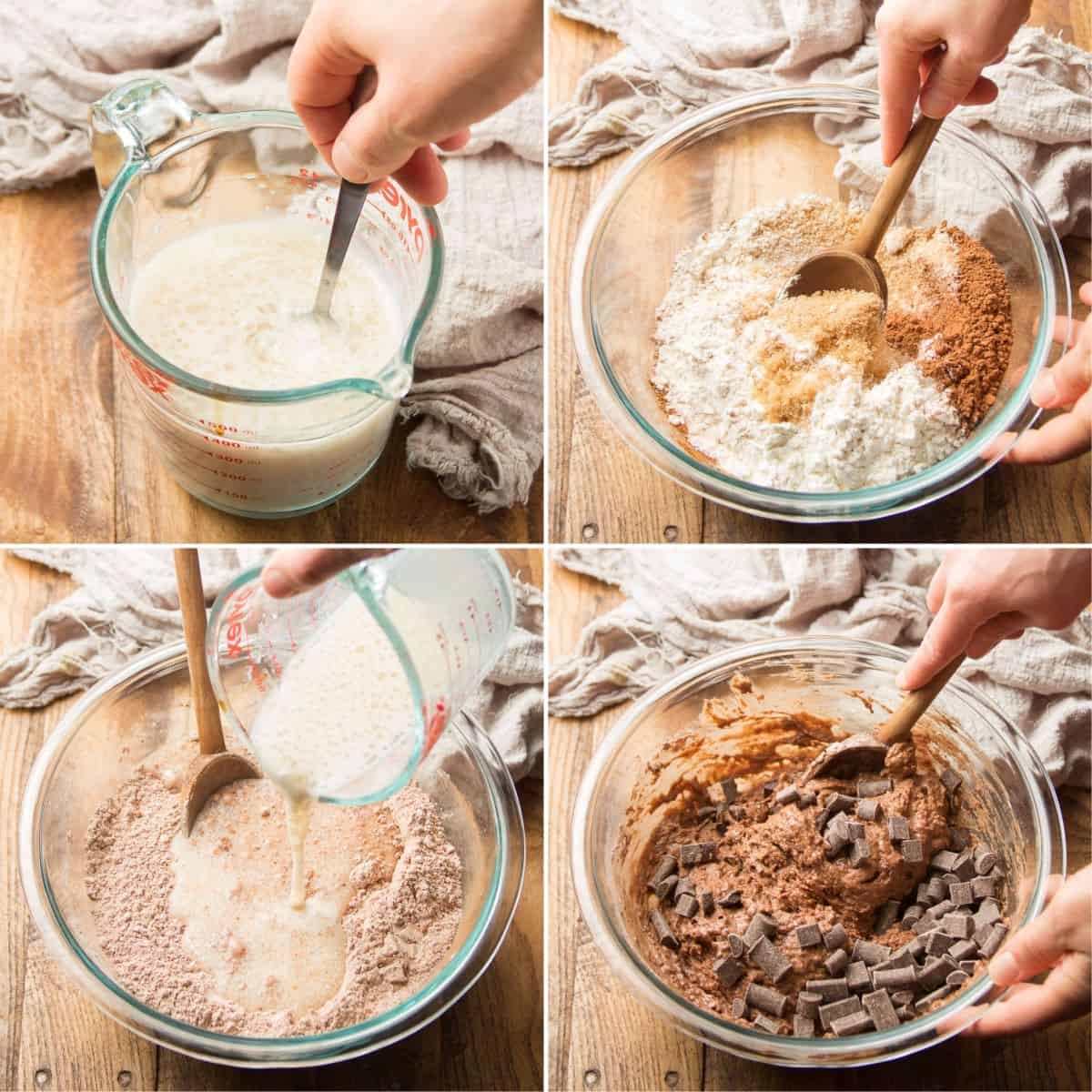 Collage de 4 pasos para mezclar masa vegana de muffins de chocolate doble