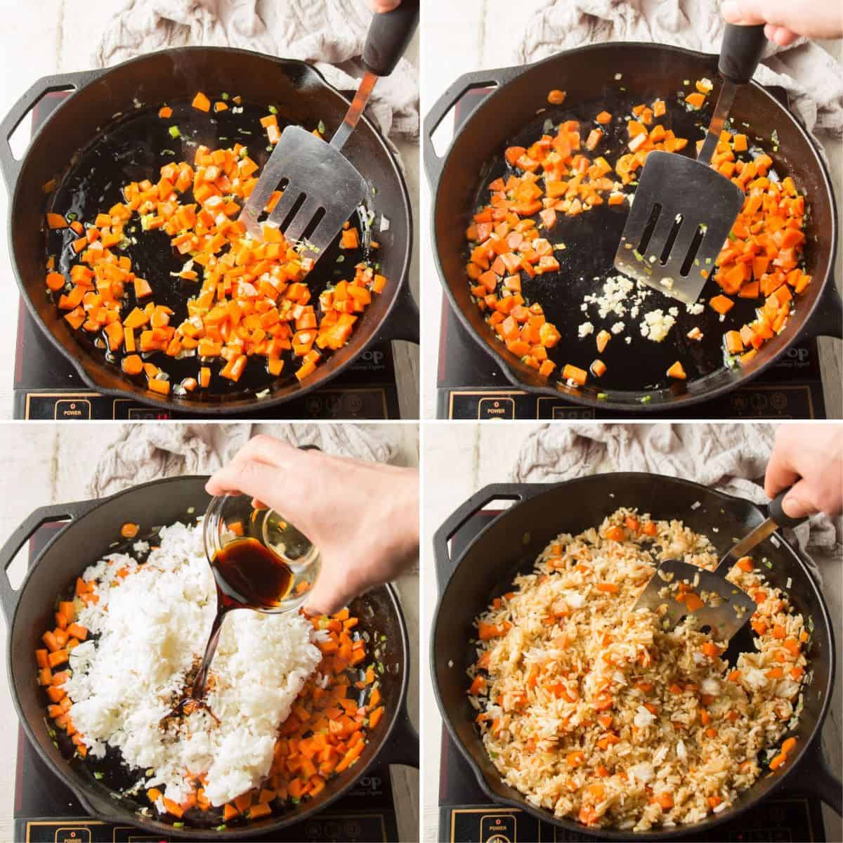 Collage Showing First 4 Steps for Making Vegan Fried Rice: Cook Carrots and Scallions, Add Garlic, Add Rice and Sauces, and Stir-Fry